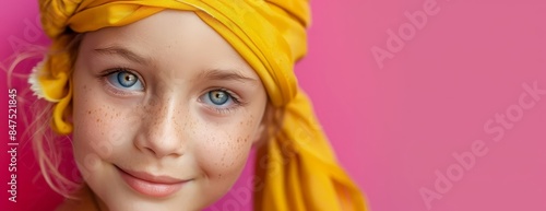 Wallpaper Mural Close-up shot, International Childhood Cancer Day, child smiling warmly, detailed yellow head scarf, vibrant pink background, photorealistic style, soft lighting, heartwarming aura Torontodigital.ca