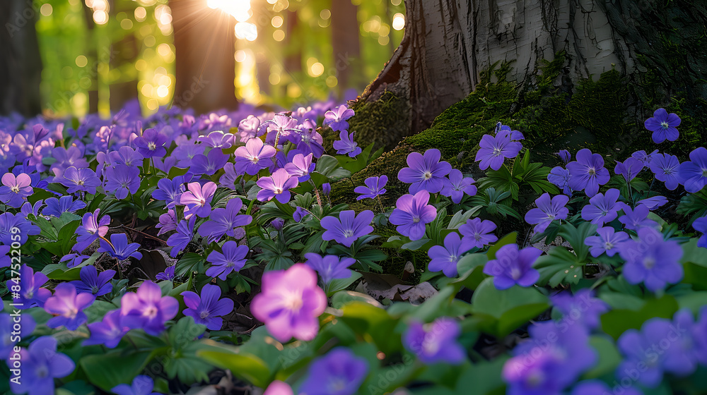 Naklejka premium romantic nature - violet small flowers covering the ground under a tree in the forest