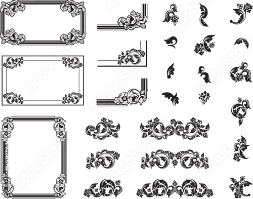 	
Vintage ornamental page decoration floral designs with leaves, swirls and grapes. Vector frames, borders, flourish corners, baroque filigrees, wedding invitation decoration, damask patterns, element