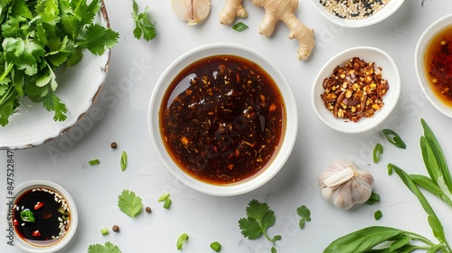 Top view of a small bowl filled with Hoisin Sauce, surrounded by raw ingredients used in its making, on a clean white surface photo