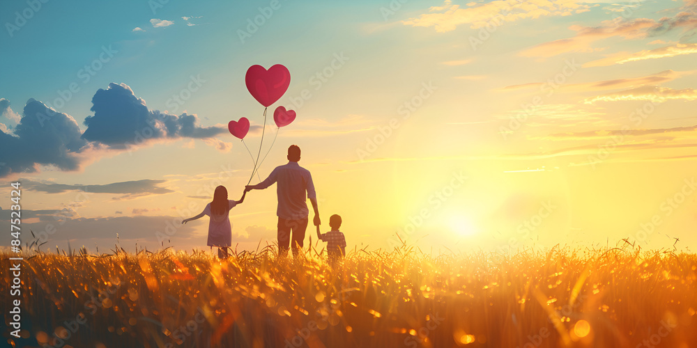 Fototapeta premium Family Holding Heart Balloons in Sunset Field Parents and Children with Heart Balloons in Nature