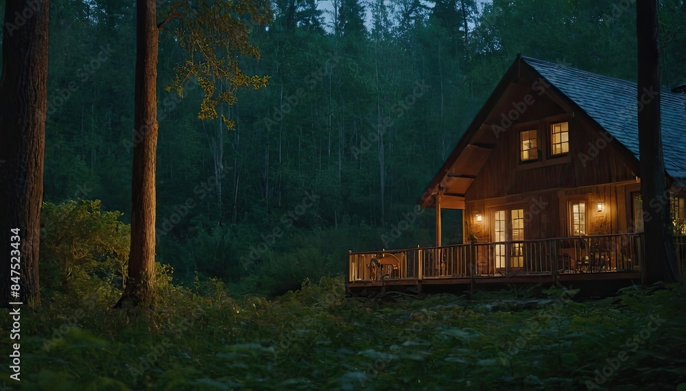 Modern cozy chalet in the woods at night Wooden chalet in the forest Modern cozy chalet in the woods at night Wooden chalet in the forest
