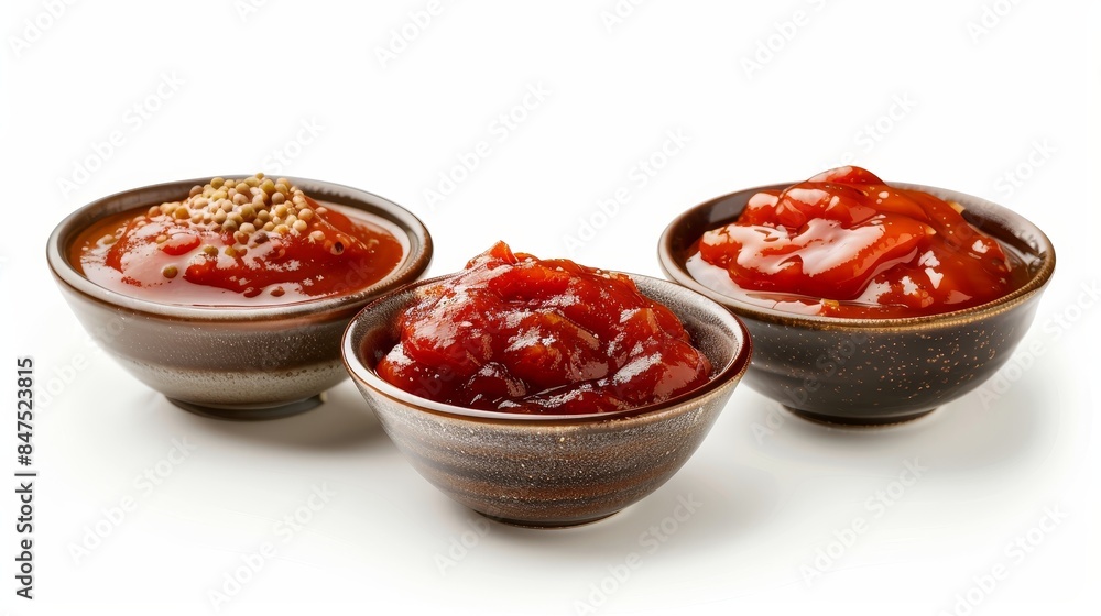 Tomato-based ketchup in different bowls, close-up, focusing on its rich, sweet, and spiced textures, isolated with clear studio lighting Tomato-based ketchup in different bowls, close-up, focusing on its rich, sweet, and spiced textures, isolated with clear studio lighting