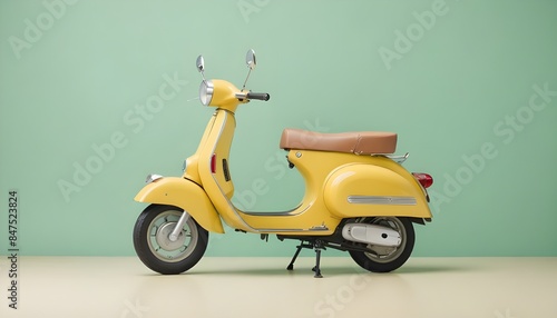 A yellow vintage scooter with a retro design against a mint green background
