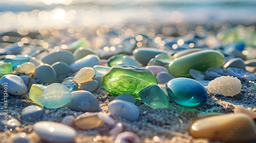 A beach scene with a variety of colored rocks scattered across the sand. The rocks are of different sizes and colors, creating a vibrant and lively atmosphere. Concept of relaxation and enjoyment A beach scene with a variety of colored rocks scattered across the sand. The rocks are of different sizes and colors, creating a vibrant and lively atmosphere. Concept of relaxation and enjoyment