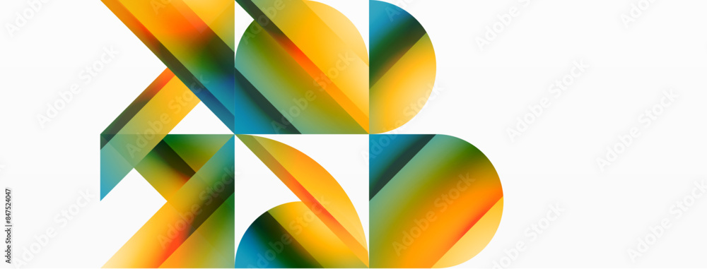 Vibrant color triangles and circles on white background intertwine to create captivating and harmoniously balanced composition for digital designs, presentations, website banners, social media posts Vibrant color triangles and circles on white background intertwine to create captivating and harmoniously balanced composition for digital designs, presentations, website banners, social media posts