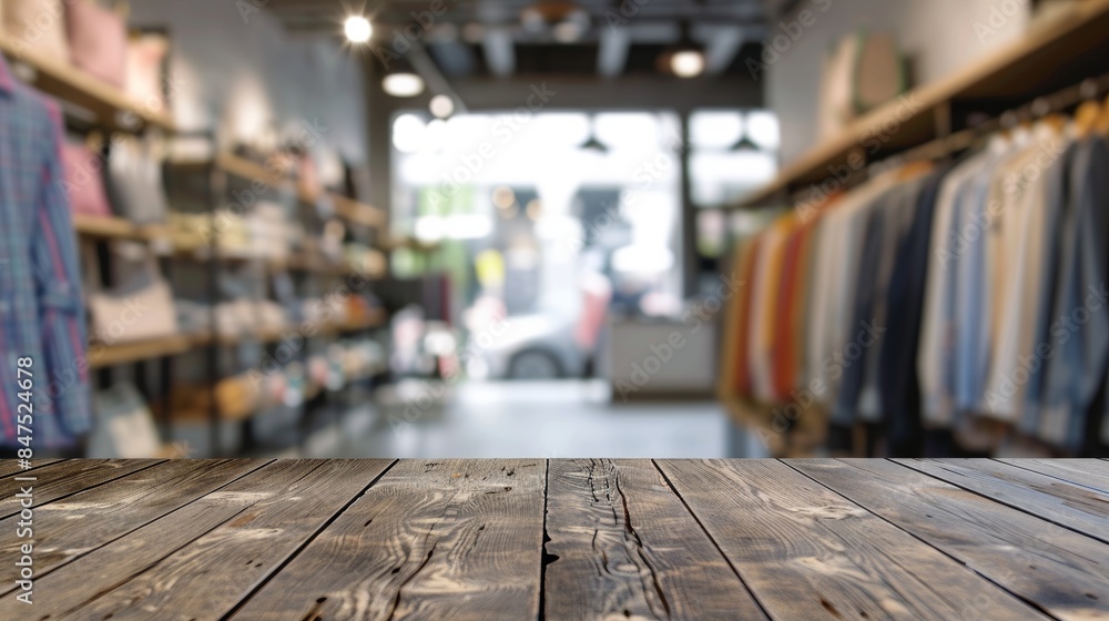 Wood table for display products with blurred clothes hanging Wood table for display products with blurred clothes hanging