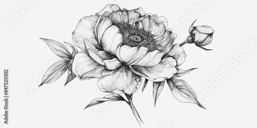 Fototapeta Naklejka Na Ścianę i Meble -  Detailed black and white peony flower drawing