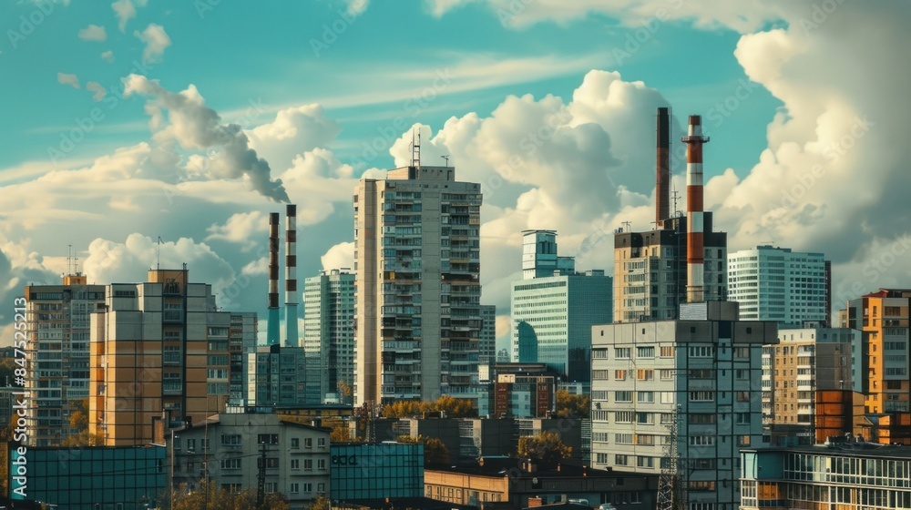 Obraz premium Cityscape with Smoke Stacks and Fluffy Clouds