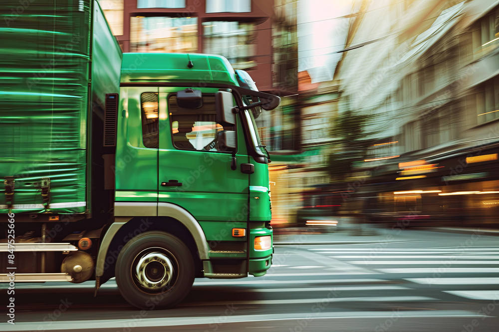 Delivery truck in motion, representing green transportation solutions Delivery truck in motion, representing green transportation solutions