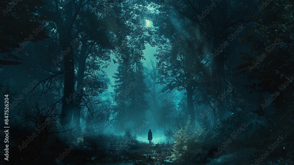 Person standing alone in a dark forest, surrounded by tall, shadowy trees, with a single beam of moonlight highlighting their silhouette