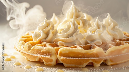 Macro shot of a hot waffle with melting whipped cream, steam rising, isolated white background, high contrast studio lighting, raw style