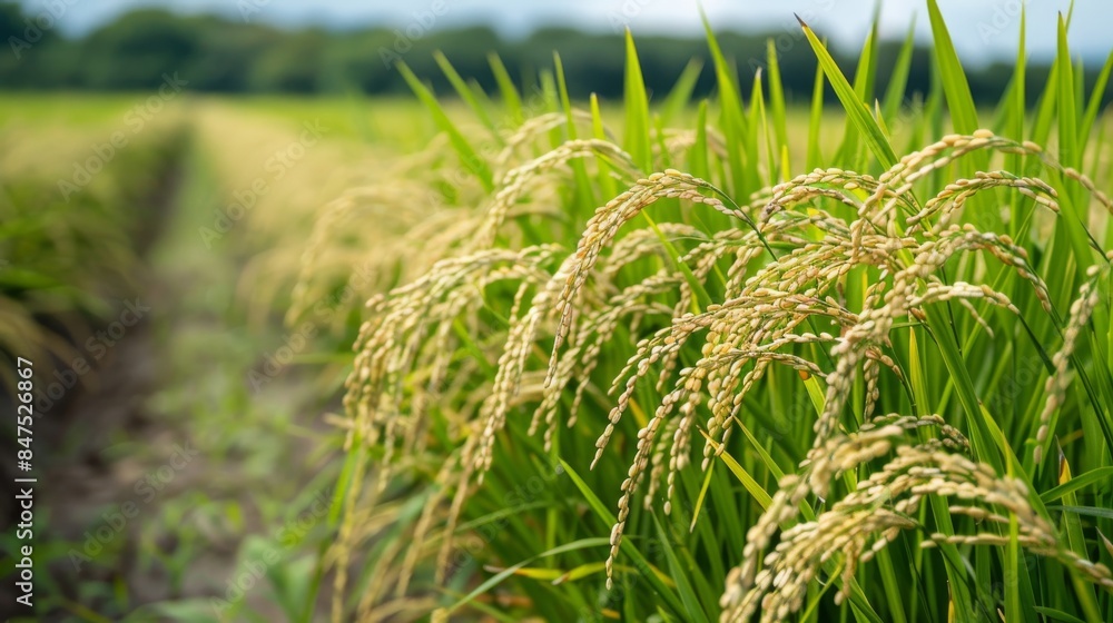 Golden Rice Grains Ripening in a Verdant Paddy Field Under Cloudy Skies in Late Summer Golden Rice Grains Ripening in a Verdant Paddy Field Under Cloudy Skies in Late Summer
