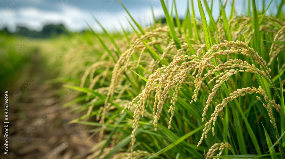 Golden Rice Grains Ripening in a Verdant Paddy Field Under Cloudy Skies in Late Summer Golden Rice Grains Ripening in a Verdant Paddy Field Under Cloudy Skies in Late Summer