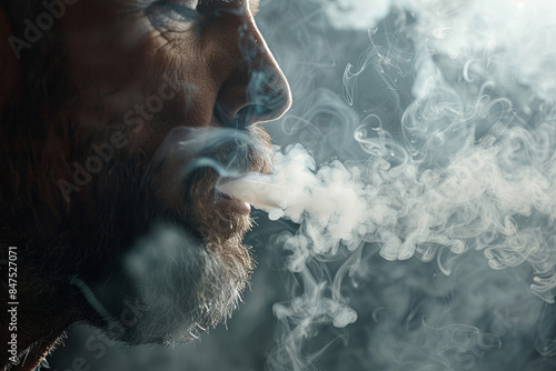 Man exhaling vapor while using an electronic cigarette against a gray background