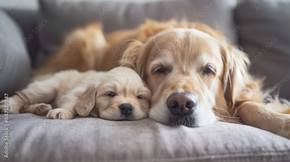 Mother dog sleeping with little baby puppy on couch Mother dog sleeping with little baby puppy on couch