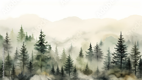 Watercolor fog forest landscape