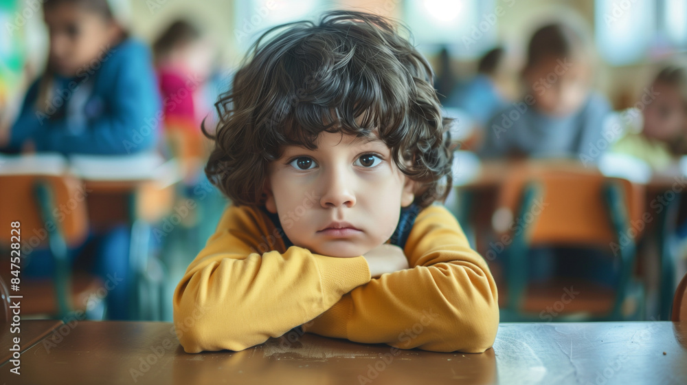 Sad bored boy student sitting in class room looking at camera, Student anxiety concept Sad bored boy student sitting in class room looking at camera, Student anxiety concept
