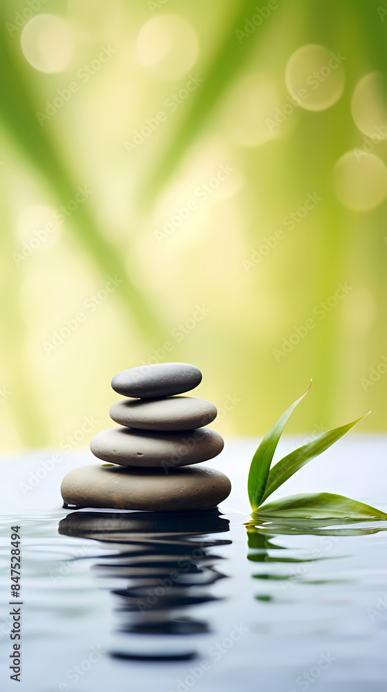Zen background with stones and green leaves Zen background with stones and green leaves