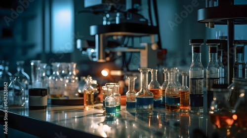 A lab table with many glass bottles and vials of various colors. The table is lit up, creating a bright and colorful atmosphere