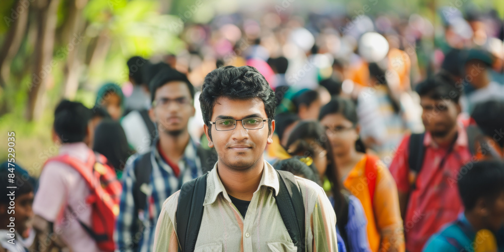 Fototapeta premium Young man standing in crowded street