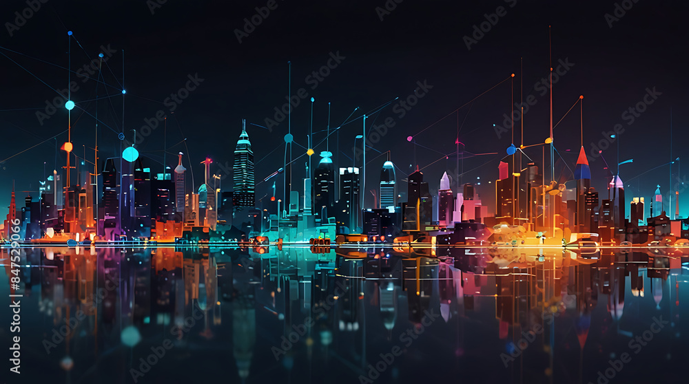 An abstract design reflecting the concept of smart cities, with interconnected networks, futuristic infrastructure, and digital interfaces portrayed through geometric shapes and a high-tech color pale An abstract design reflecting the concept of smart cities, with interconnected networks, futuristic infrastructure, and digital interfaces portrayed through geometric shapes and a high-tech color pale
