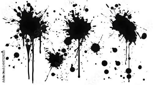 black ink Splatter, black paint, ink brush strokes, brushes, lines, grungy. Dirty artistic design elements, Black inked splatter dirt stain splattered spray splash with drops blots.  photo