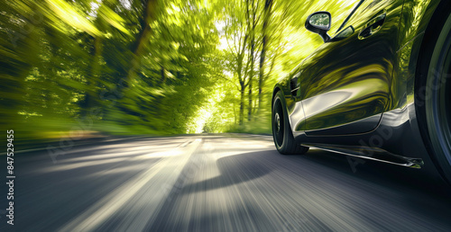 Car driving on a forest road. Motion blur of a car driving through a lush green forest, focusing on the wheel and the road