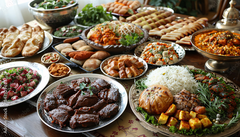 A traditional feast prepared for Eid al-Adha, celebrating with family and friends, featuring an abundance of flavorful and aromatic dishes A traditional feast prepared for Eid al-Adha, celebrating with family and friends, featuring an abundance of flavorful and aromatic dishes