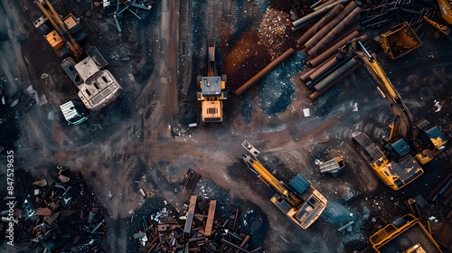 A view of a construction site with a lot of machinery, including a large crane. The scene is chaotic and busy, with many different types of equipment scattered throughout the area