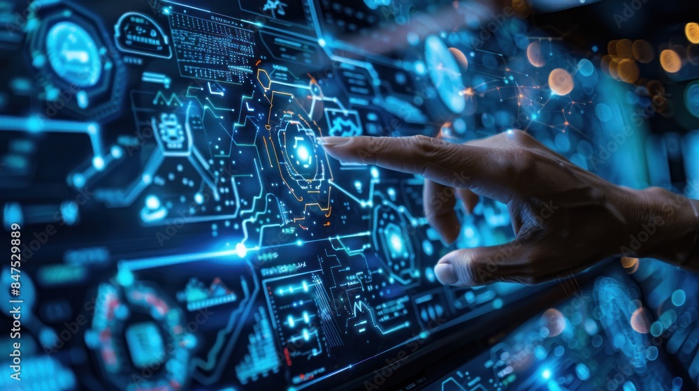 A businessman's hand interacts with a futuristic holographic interface symbolizing global digital communication. A businessman's hand interacts with a futuristic holographic interface symbolizing global digital communication.