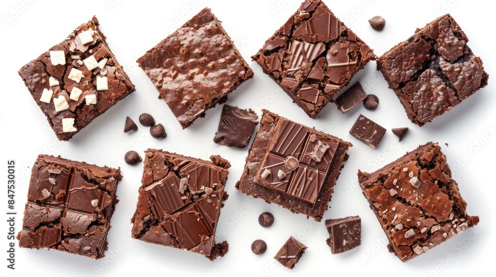 Chocolate brownie pieces on white background Chocolate brownie pieces on white background
