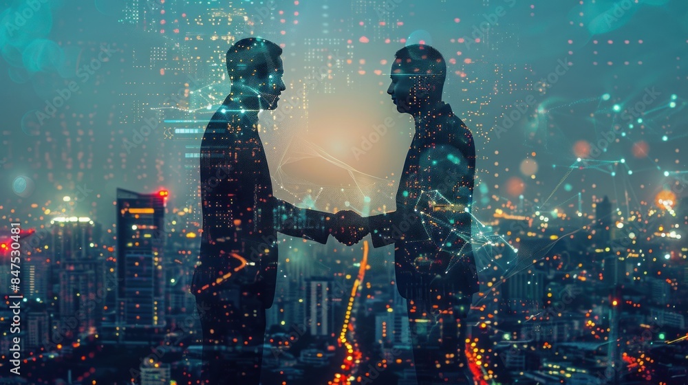Double exposure of arab Business man handshake to his business partner with digital graphic against city night background in meeting Double exposure of arab Business man handshake to his business partner with digital graphic against city night background in meeting