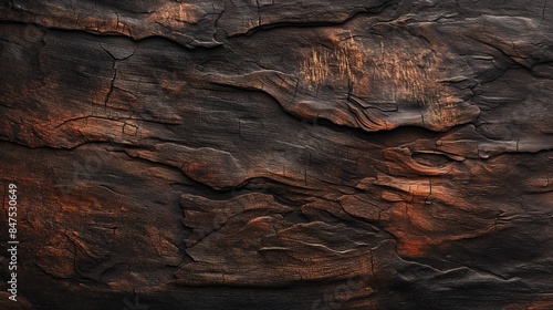 Close-up of textured, weathered wooden surface with rich, dark brown tones, perfect for backgrounds or nature-themed designs. © CHOI POO