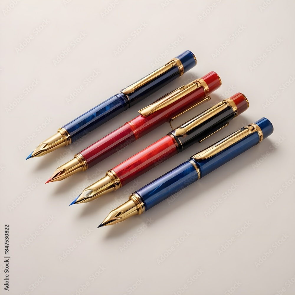 Colourful fountain pens with gold accents on a light background
Colourful fountain pens with gold accents on a light background