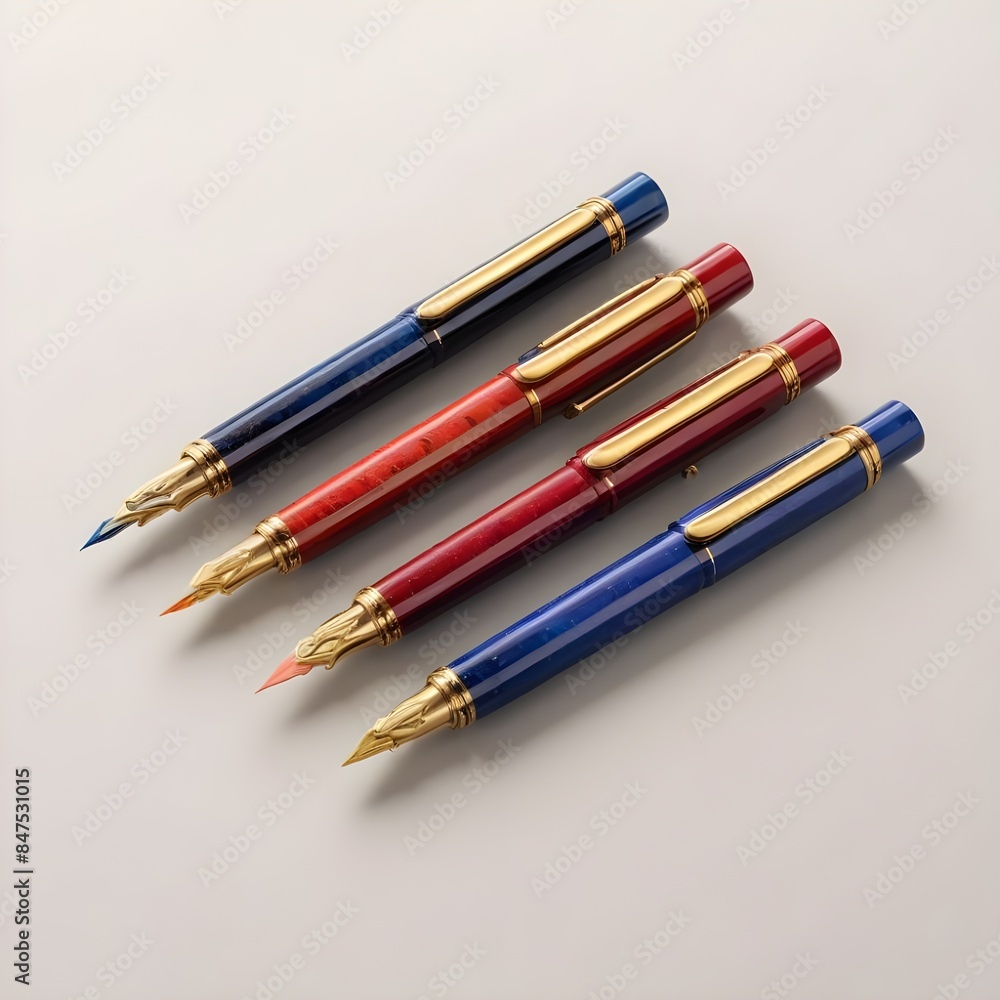Colourful fountain pens with gold accents on a light background
Colourful fountain pens with gold accents on a light background