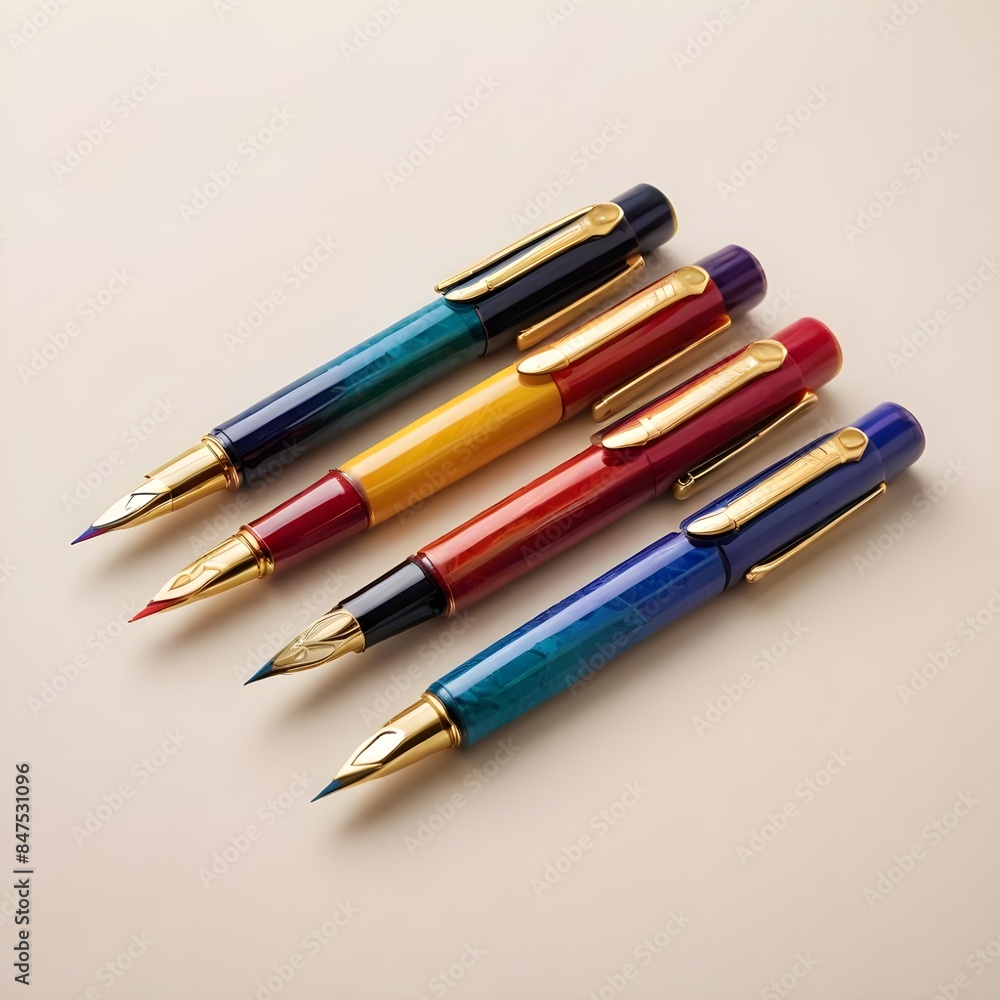 Colourful fountain pens with gold accents on a light background
Colourful fountain pens with gold accents on a light background