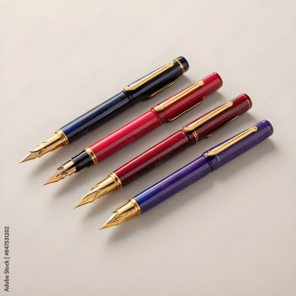 Colourful fountain pens with gold accents on a light background
Colourful fountain pens with gold accents on a light background