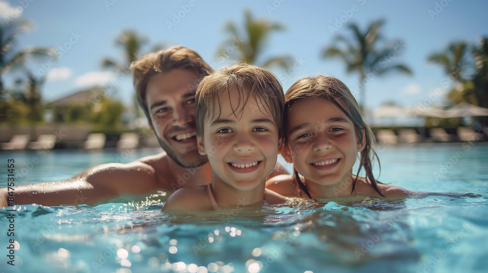 Smiling cute Kids wearing sunglasses in the pool on a sunny day. Smiling cute Kids wearing sunglasses in the pool on a sunny day.