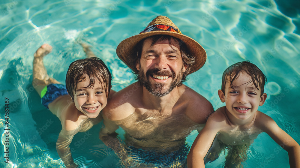 Happy man with children in a sunlit pool