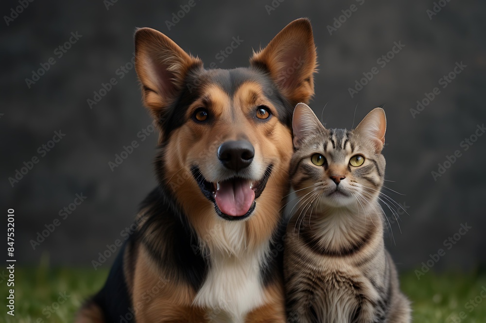 A joyful portrait of a dog and cat, both gazing happily at the camera, capturing their playful and friendly expressions.