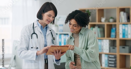 Fotografija Hospital, tablet and doctor with woman for consulting, medical service and help in clinic