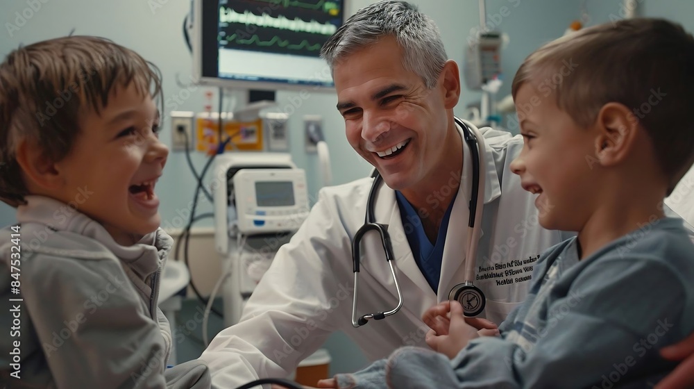 In a brightly lit clinic, a doctor gently interacts with a young patient, creating an atmosphere of trust and comfort. The doctor, wearing a white coat and a warm smile, kneels to the child's level, e In a brightly lit clinic, a doctor gently interacts with a young patient, creating an atmosphere of trust and comfort. The doctor, wearing a white coat and a warm smile, kneels to the child's level, e