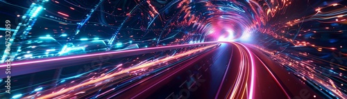Futuristic tunnel with neon lights and high-speed motion, creating a sense of advanced technology and futuristic travel.