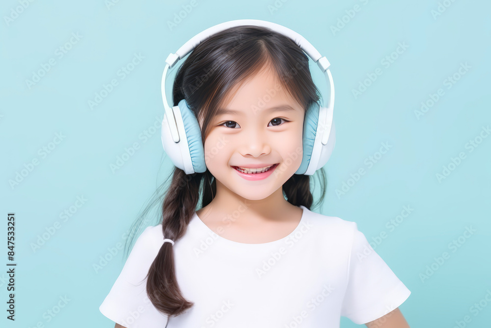 Asian little cute kid girl in wireless headphones listen music on yellow background, happy Asian children smiling listening audio and dancing, entertainment lifestyle Asian little cute kid girl in wireless headphones listen music on yellow background, happy Asian children smiling listening audio and dancing, entertainment lifestyle
