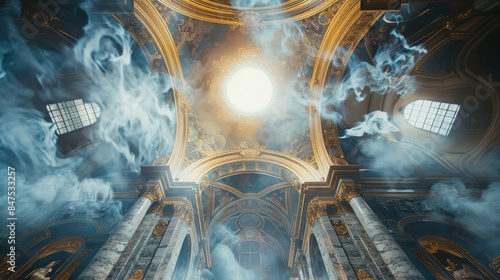 A church with smoke rising from the ceiling