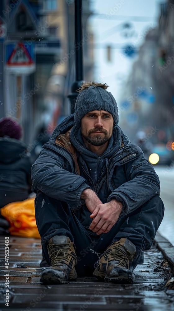 A man sits on the sidewalk in a city street, wearing a beanie and a jacket. A man sits on the sidewalk in a city street, wearing a beanie and a jacket.