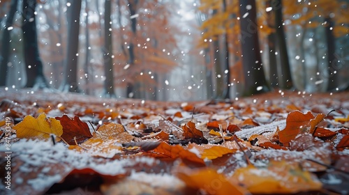 Forest floor with a mix of autumn leaves and the first snow, focusing on the rich textures and raw, natural beauty of the scene