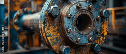 Flange connection on heavy machinery, focusing on the raw metal texture and the industrial environment, detailed close-up