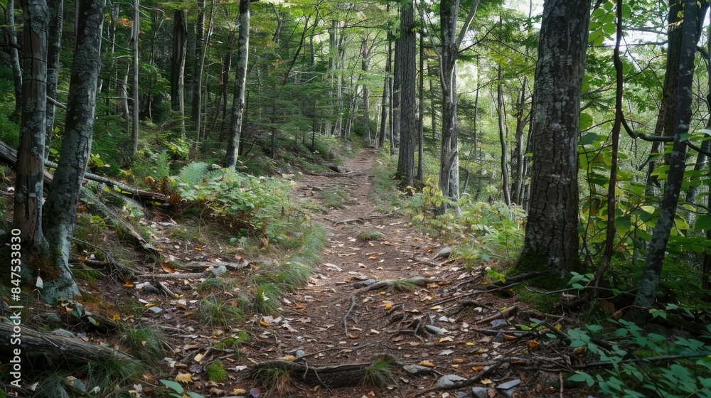 A trail heading uphill through woodland A trail heading uphill through woodland
